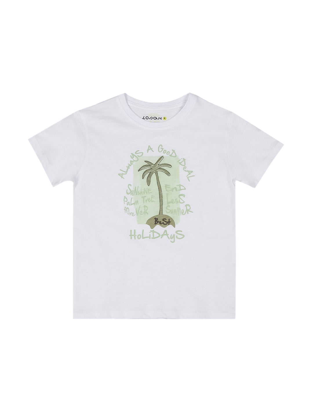 Playera blanca para niño con estampado de palmera y texto en color verde.