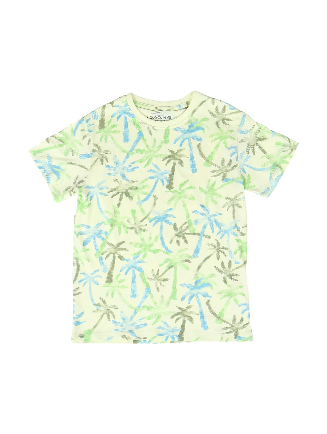 Playera para niño color verde claro con estampado de palmeras en tonos verdes y azules.