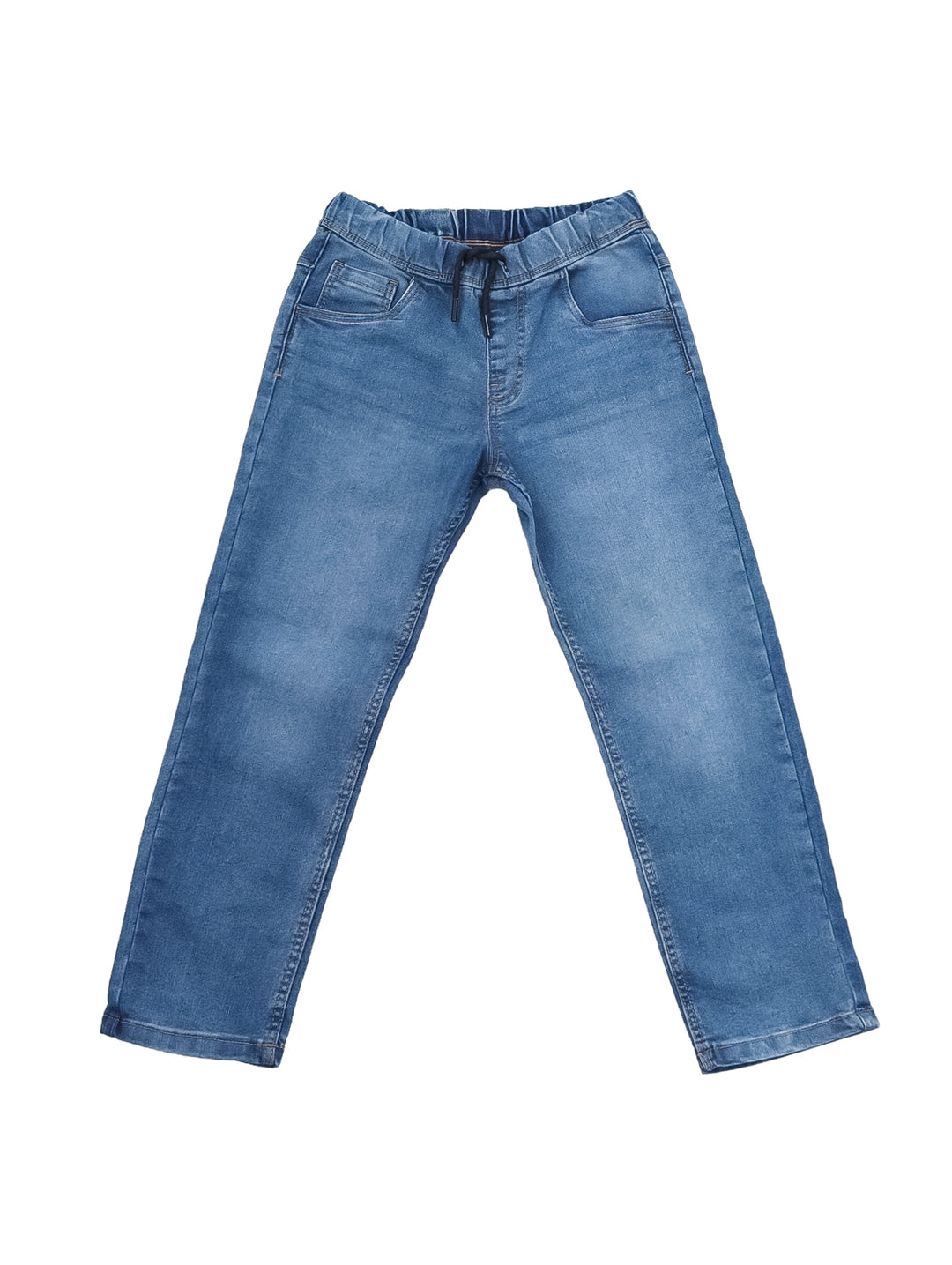 Pantalón de mezclilla azul para niño con cintura elástica y cordón ajustable.