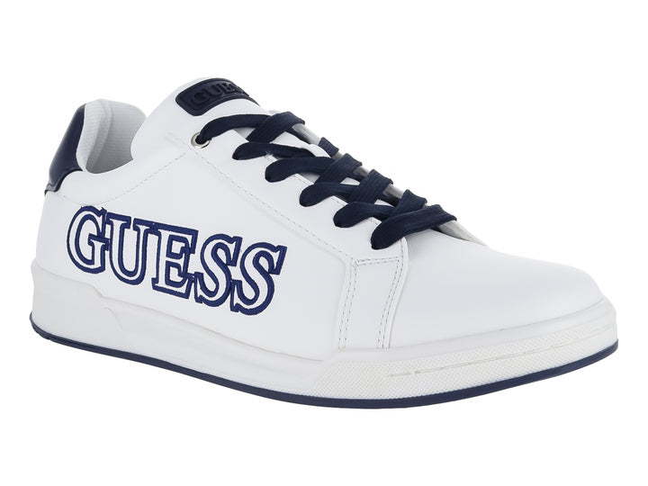 Tenis blancos de la marca Guess con detalles y logotipo en color azul, diseño casual y deportivo.
