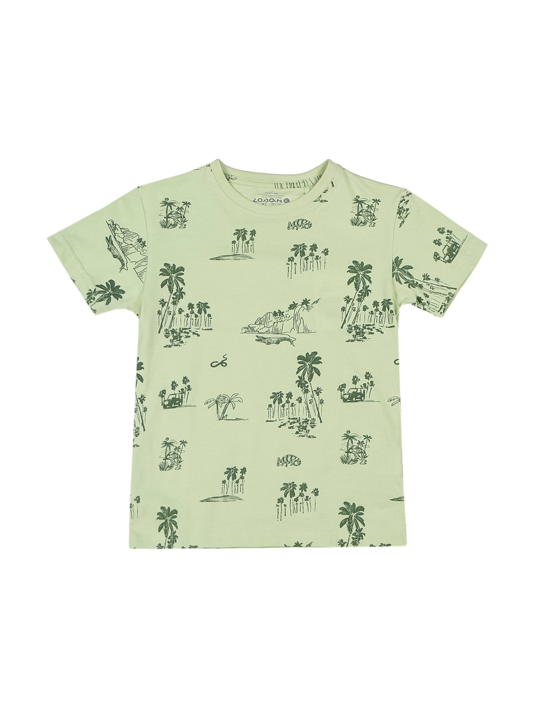 Playera verde claro para niño con estampado tropical de palmeras en color verde oscuro.