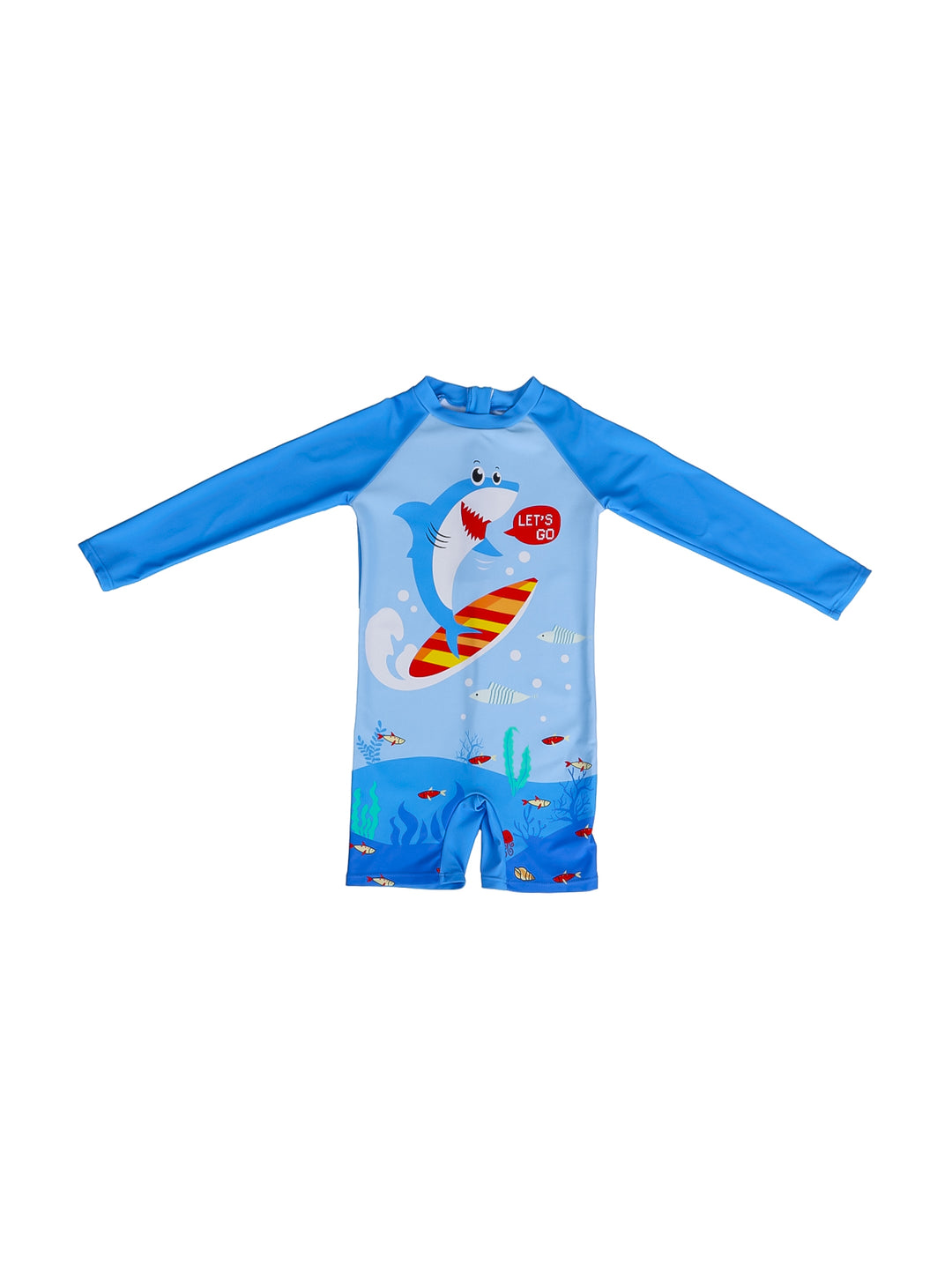 Traje de baño azul de una pieza para niños con manga larga y estampado de tiburón con tabla de surf.