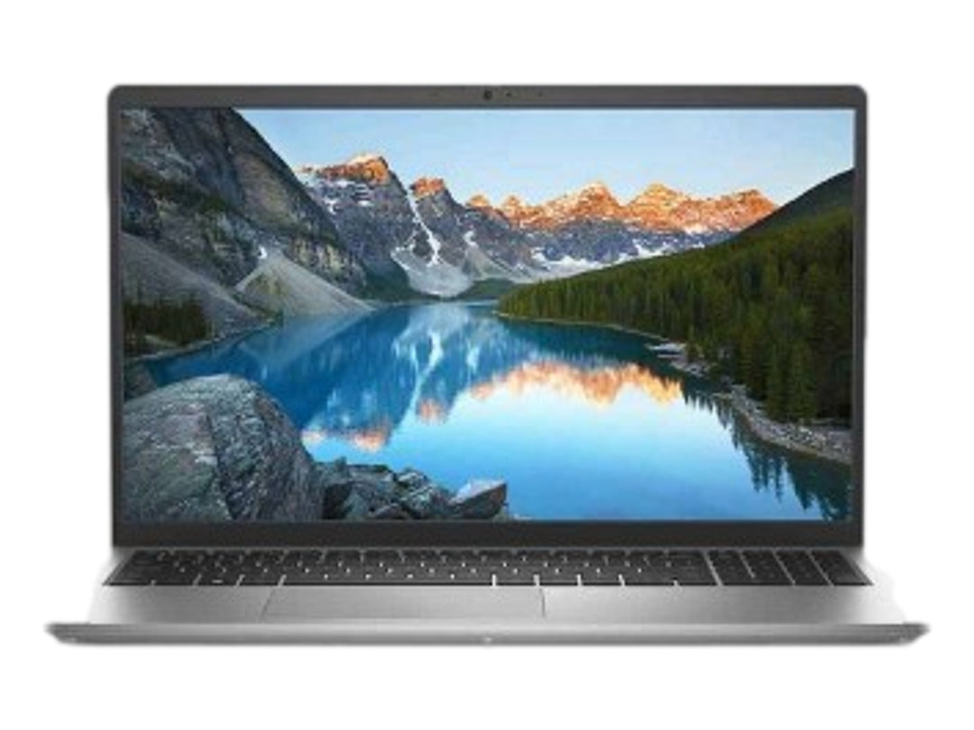 Laptop Dell Inspiron color plata con pantalla encendida mostrando un paisaje de montañas y lago.