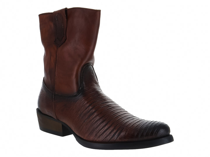 Bota marrón de imitación piel de lagarto con diseño western para hombre.