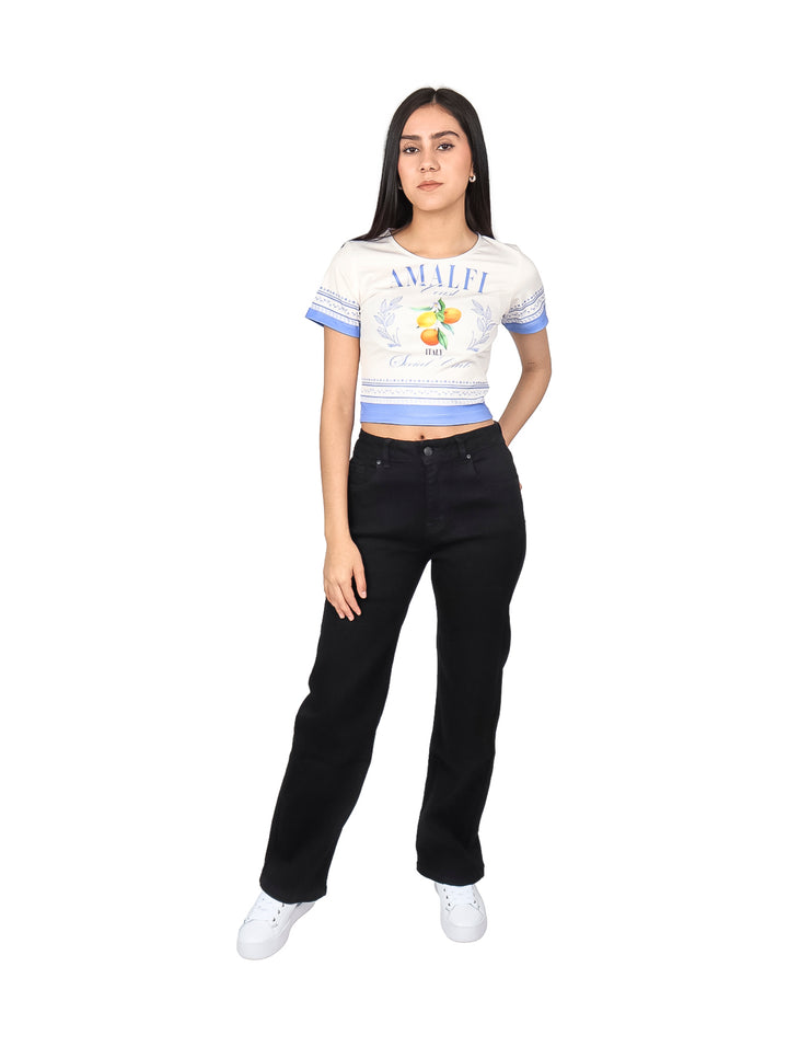 Blusa crop top blanca con bordes azules y estampado central de limones y texto Amalfi Coast.