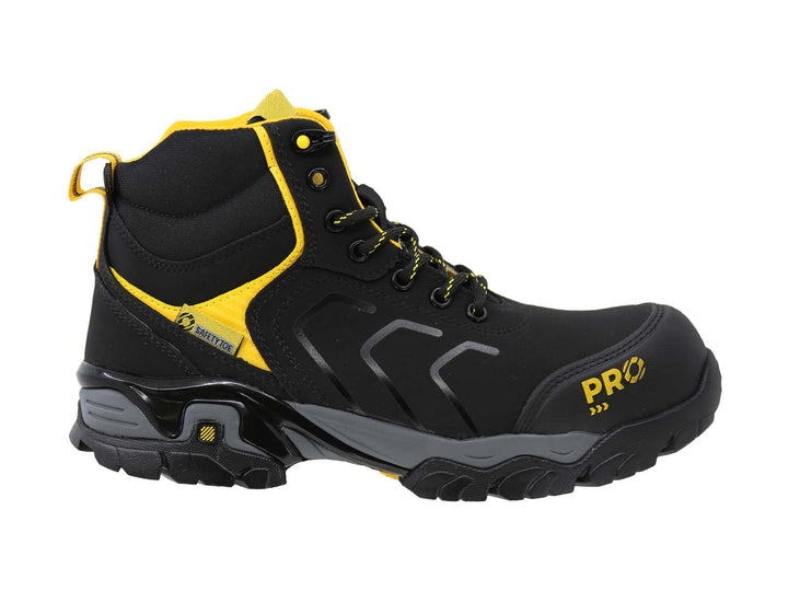 Bota de seguridad industrial color negro con detalles en amarillo y suela gris.