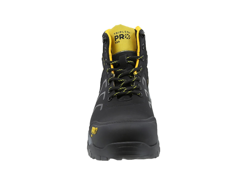 Bota de seguridad industrial color negro con detalles en amarillo y suela gris.
