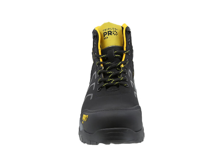Bota de seguridad industrial color negro con detalles en amarillo y suela gris.