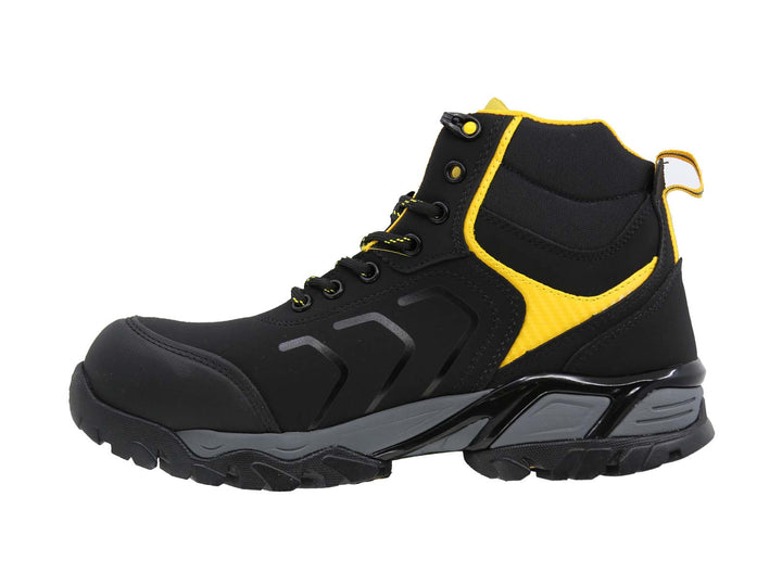 Bota de seguridad industrial color negro con detalles en amarillo y suela gris.