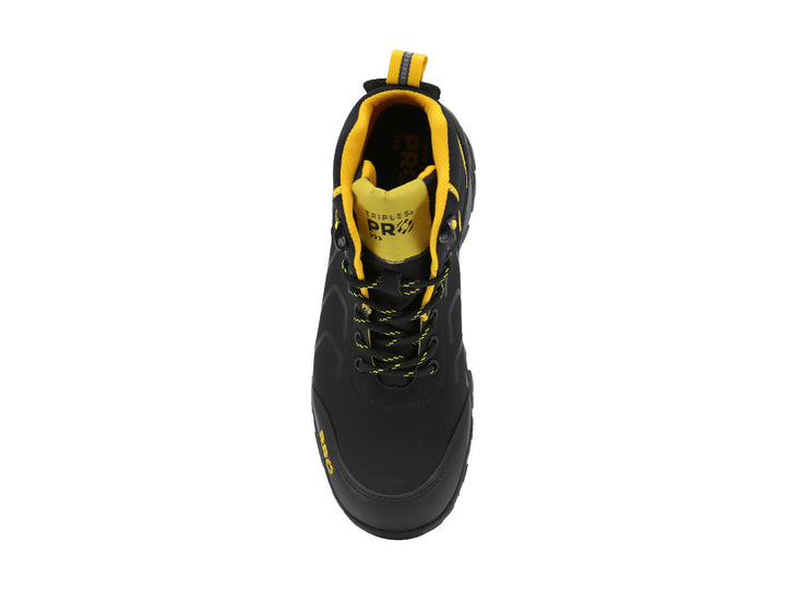 Bota de seguridad industrial color negro con detalles en amarillo y suela gris.
