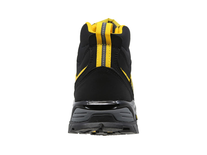 Bota de seguridad industrial color negro con detalles en amarillo y suela gris.