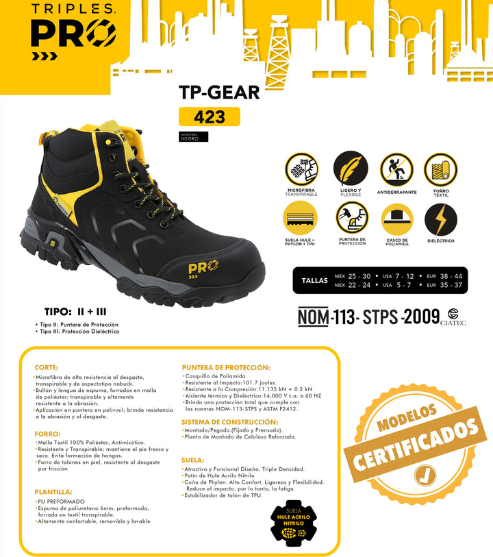 Bota de seguridad industrial color negro con detalles en amarillo y suela gris.