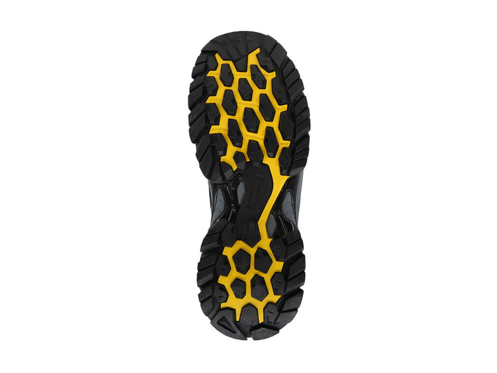 Bota de seguridad industrial color negro con detalles en amarillo y suela gris.