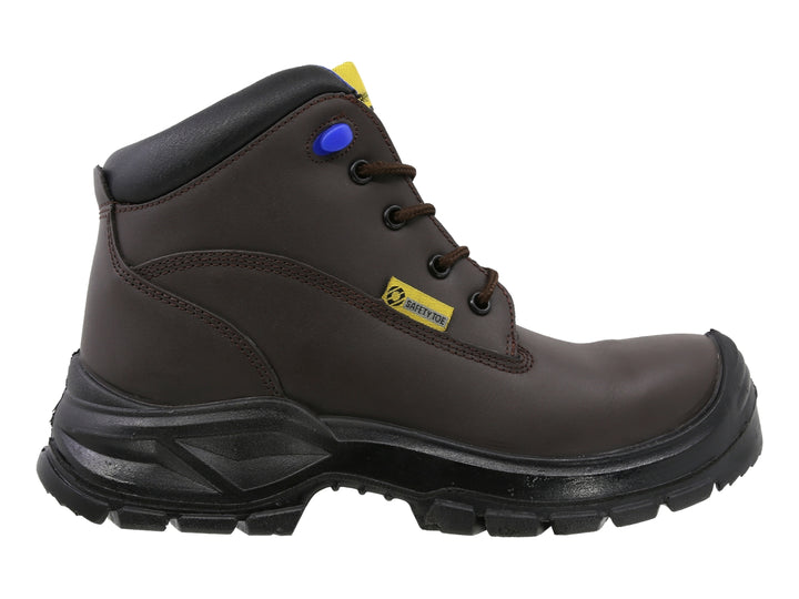 Bota de seguridad industrial de cuero color café con suela negra y detalles en azul y amarillo.