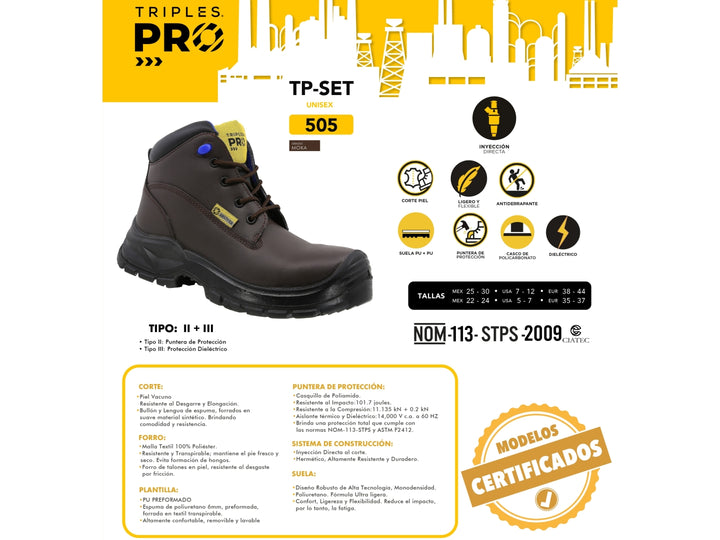 Bota de seguridad industrial de cuero color café con suela negra y detalles en azul y amarillo.
