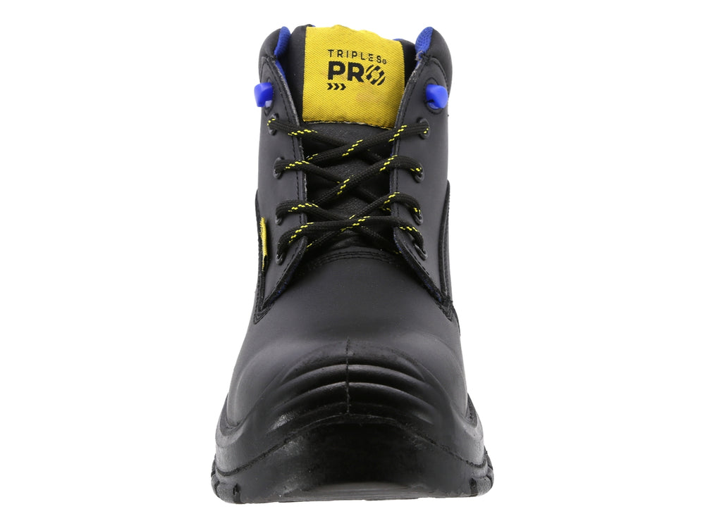 Bota de seguridad industrial marca Triples Pro color negro, con casquillo y suela gruesa antideslizante.