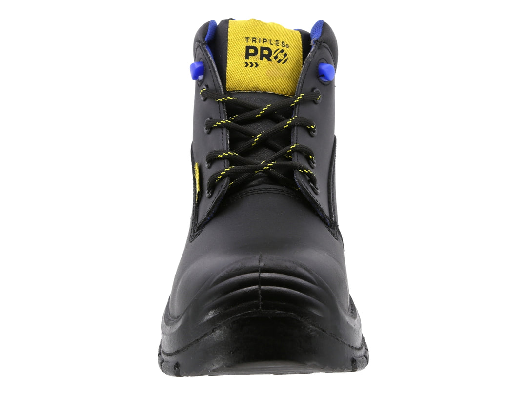 Bota de seguridad industrial marca Triples Pro color negro, con casquillo y suela gruesa antideslizante.