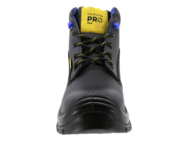 Bota de seguridad industrial marca Triples Pro color negro, con casquillo y suela gruesa antideslizante.