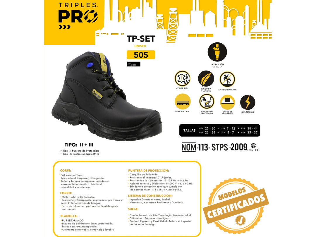 Bota de seguridad industrial marca Triples Pro color negro, con casquillo y suela gruesa antideslizante.