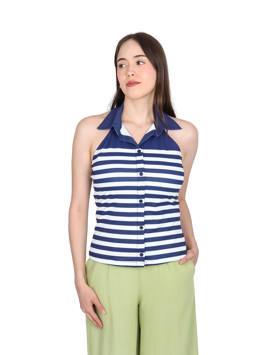 Blusa estilo halter a rayas horizontales azul marino y blanco con botones frontales.