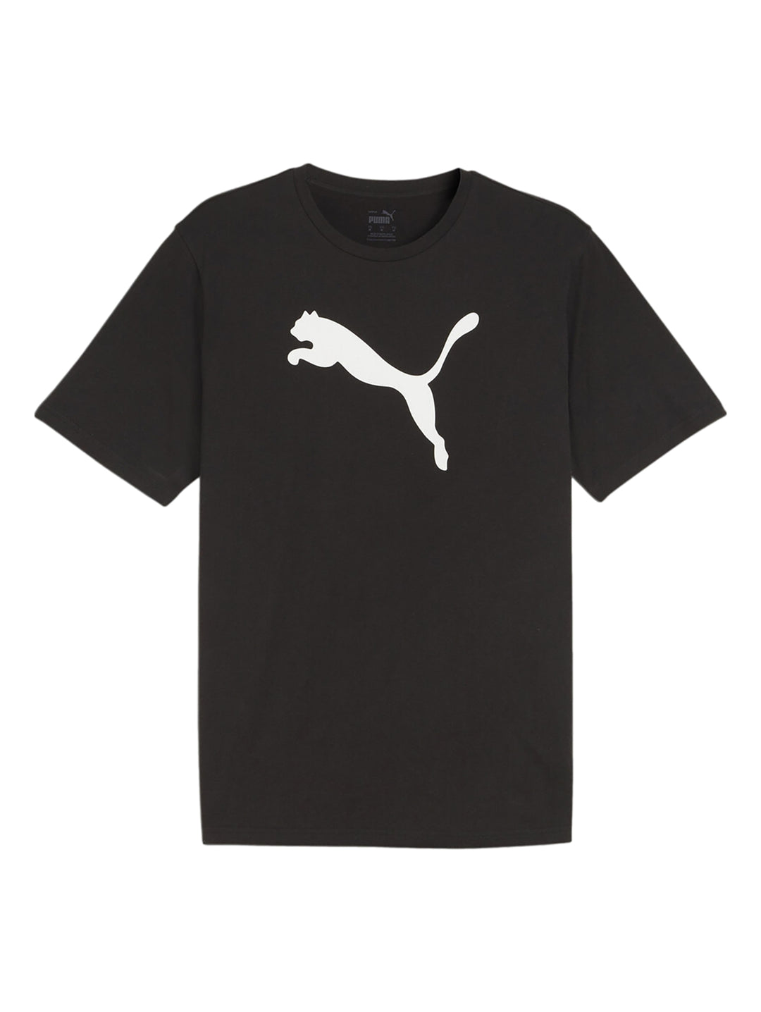 Camiseta deportiva PUMA de color negro con logotipo blanco en el pecho y cuello redondo.
