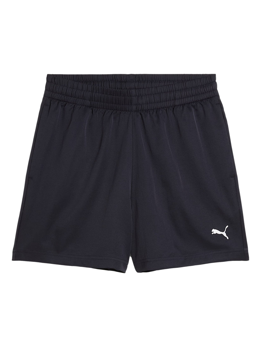 Pantalones cortos deportivos PUMA en color azul marino con cintura elástica y logo blanco lateral.