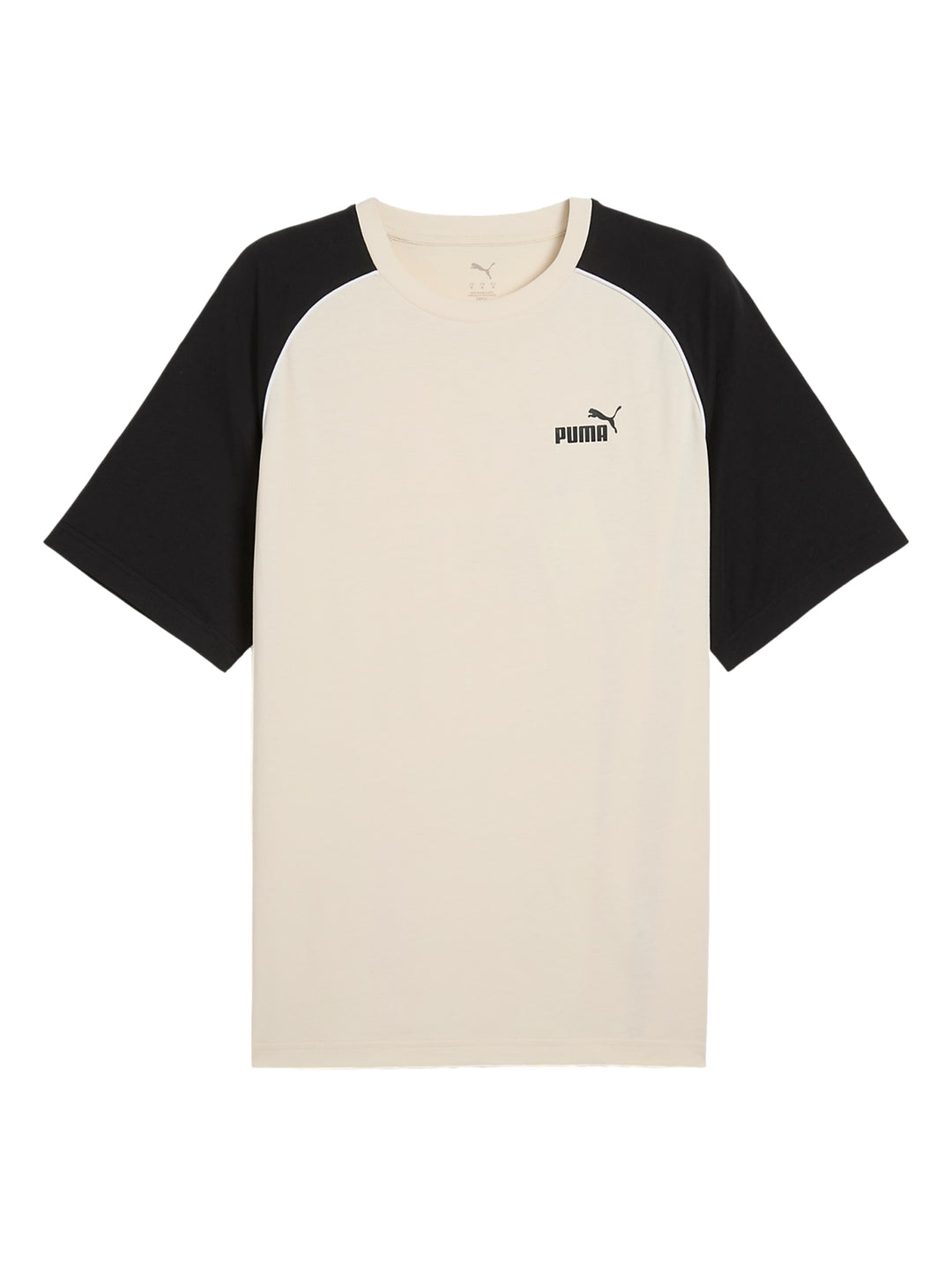 Hombre vistiendo camiseta PUMA de color beige con mangas negras y logotipo en el pecho.