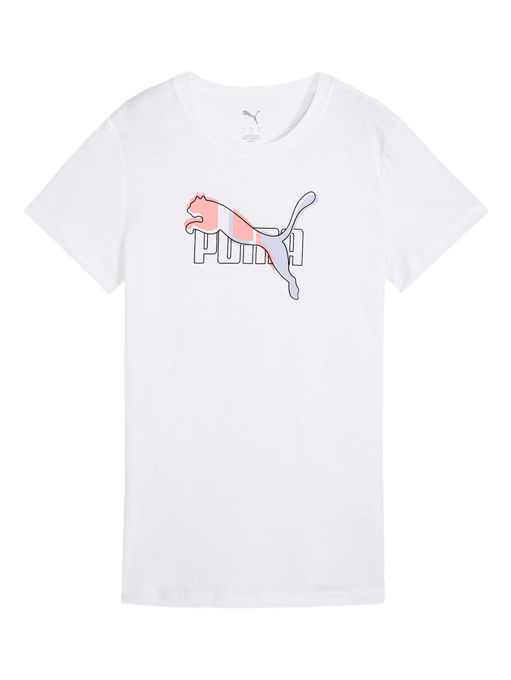 Camiseta blanca de manga corta con logotipo de PUMA en el pecho en colores degradados.