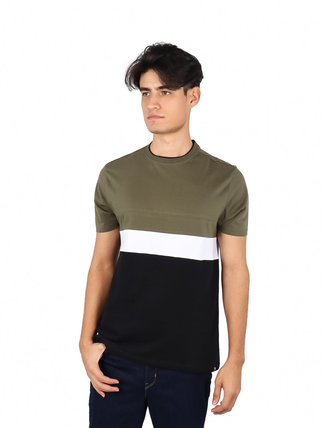 Playera de manga corta para hombre con diseño de bloques horizontales en colores verde oliva, blanco y negro.