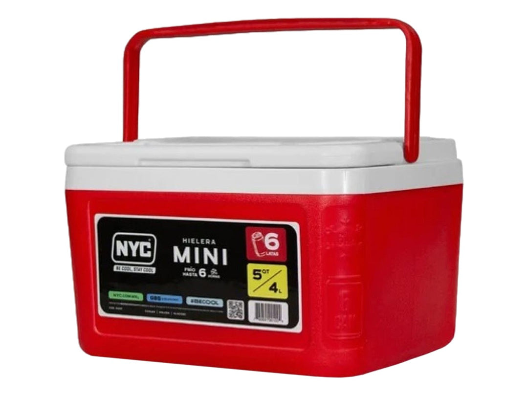Hielera NYC Mini de color rojo con tapa blanca y asa superior roja.
