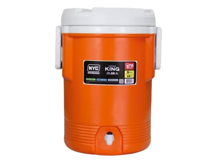 Termo dispensador NYC King de 5 galones en color naranja con tapa y asas blancas y grifo inferior.