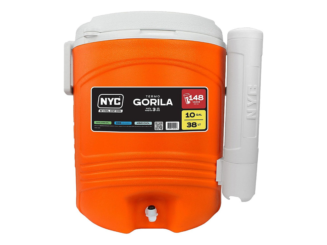 Termo dispensador NYC Gorila de 10 galones en color naranja con tapa y manija blancas.