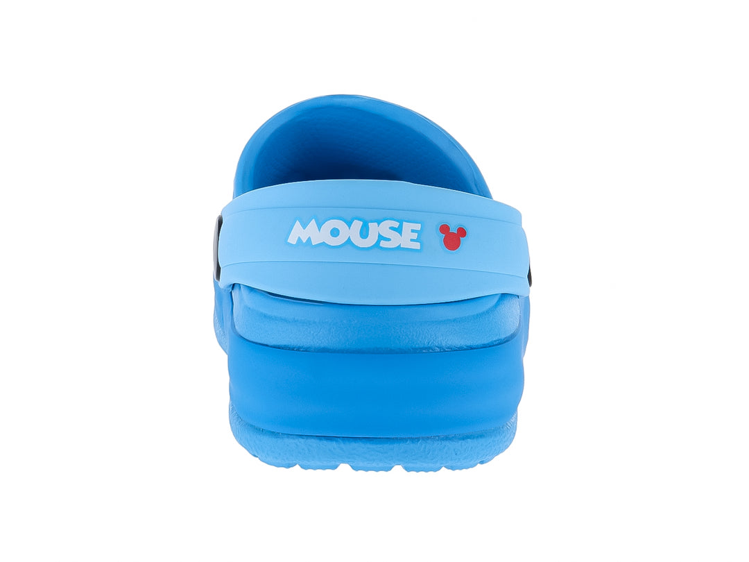Zuecos azules de Mickey Mouse para niño con adornos decorativos y correa trasera negra.