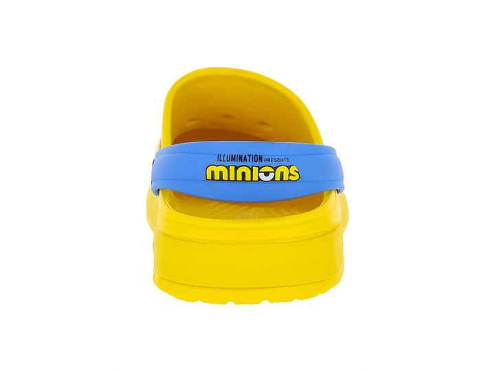 Zuecos amarillos para niño con diseño de Minion y correa trasera en color azul.