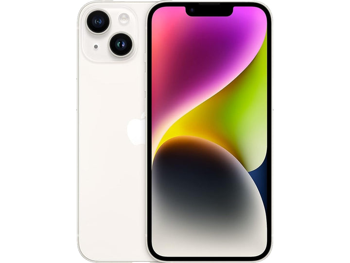 iPhone 14 blanco, vista frontal y trasera, con pantalla encendida y fondo colorido.