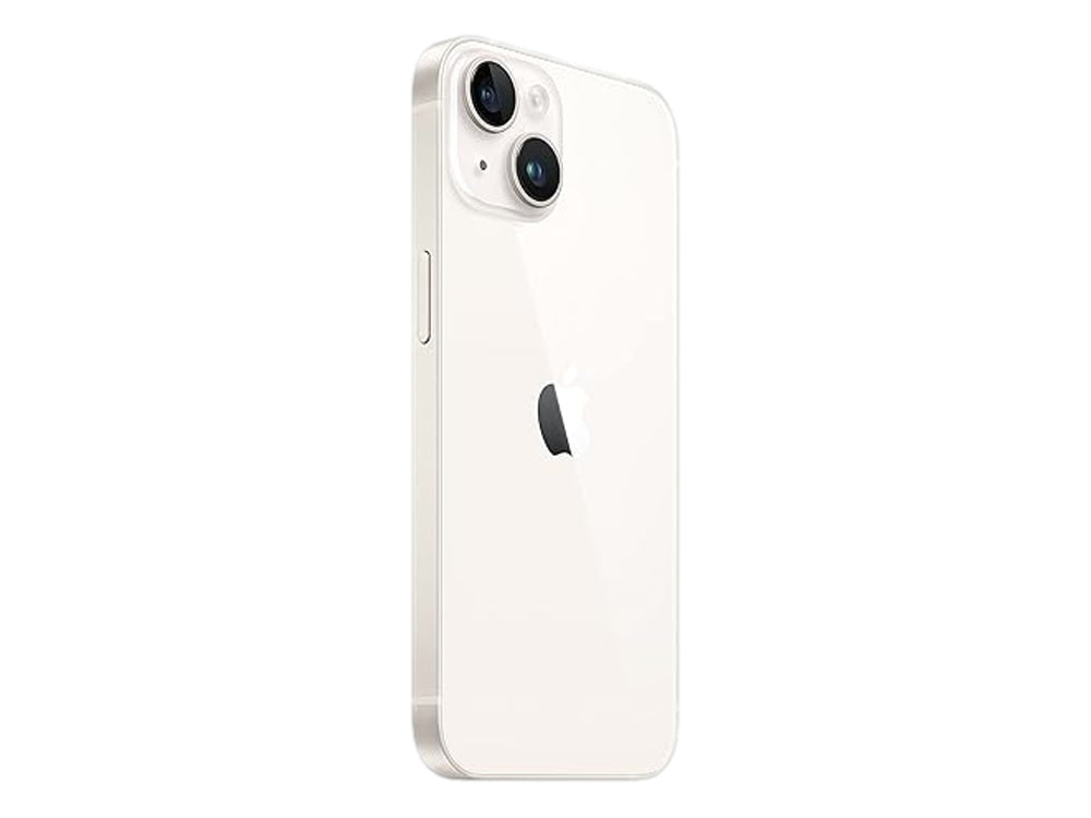 iPhone 14 blanco, vista frontal y trasera, con pantalla encendida y fondo colorido.