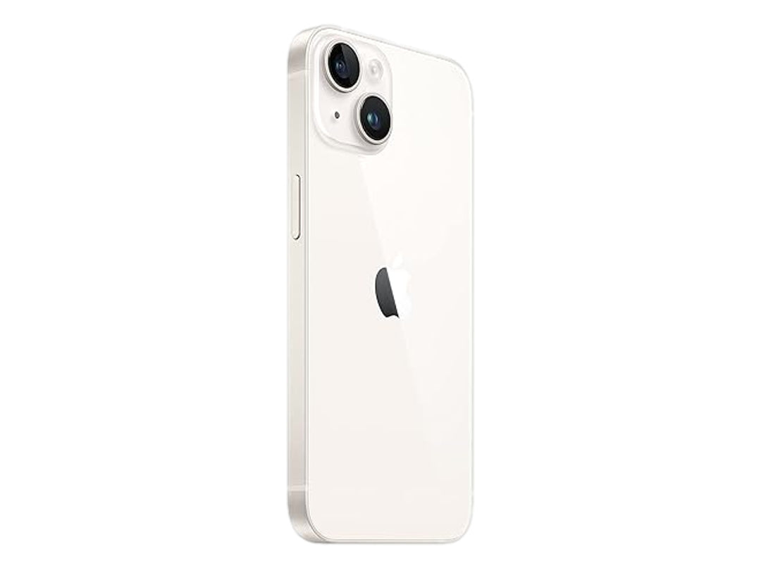 iPhone 14 blanco, vista frontal y trasera, con pantalla encendida y fondo colorido.