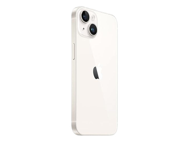 iPhone 14 blanco, vista frontal y trasera, con pantalla encendida y fondo colorido.