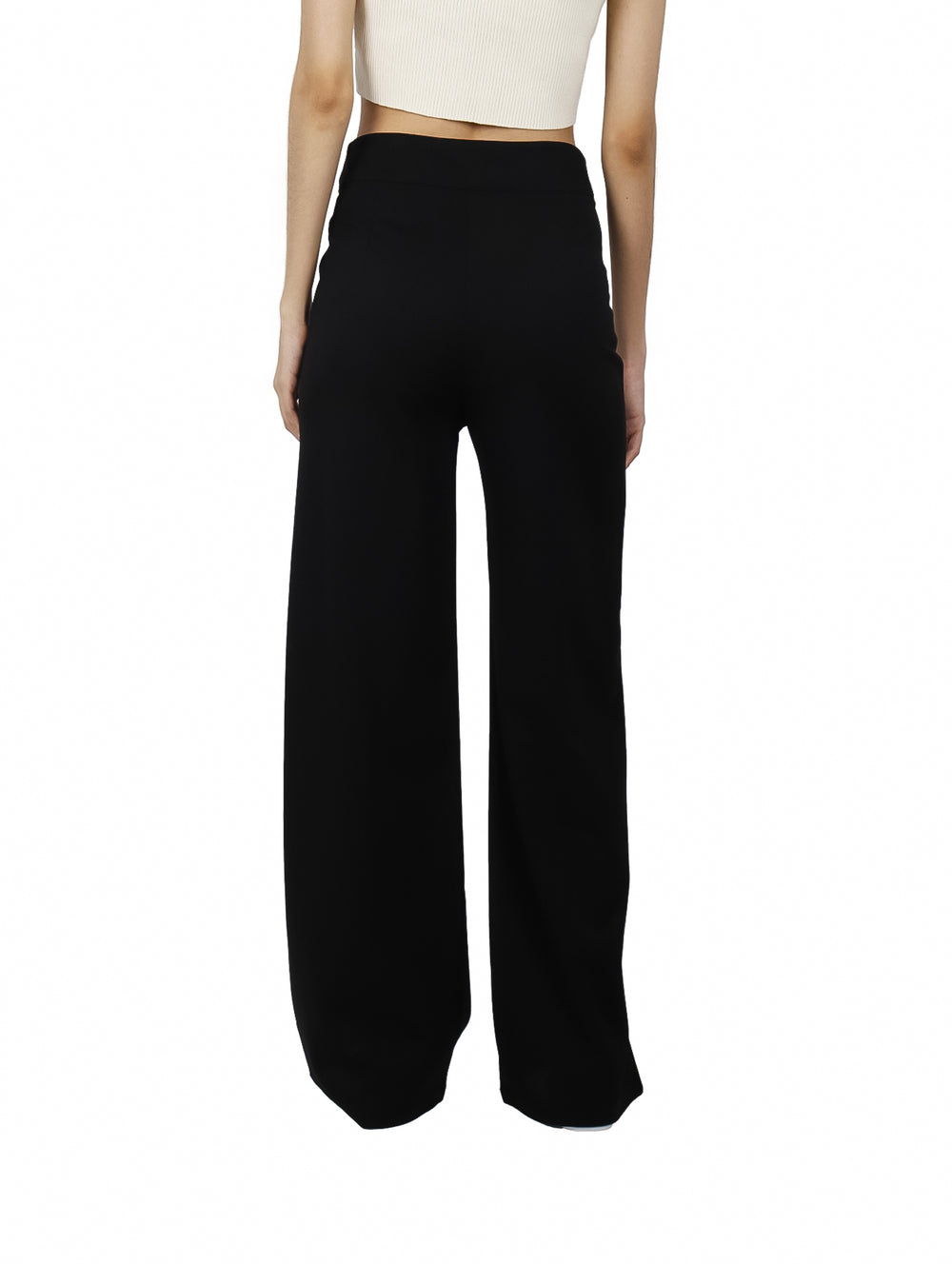 Pantalón negro de pierna ancha y talle alto para mujer.
