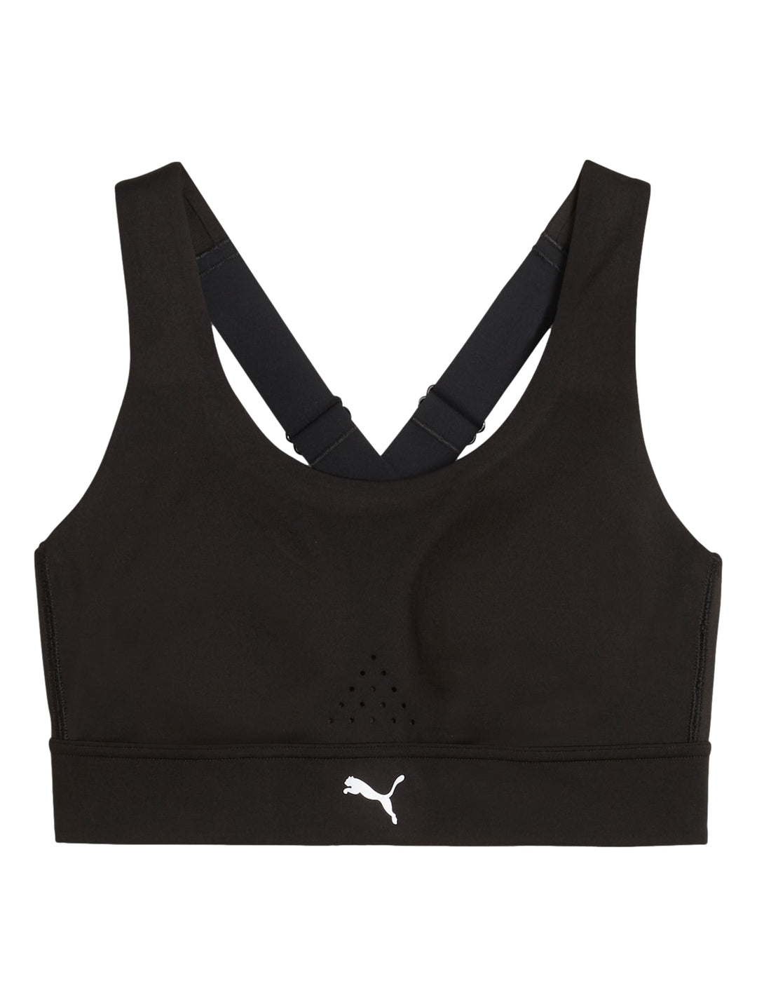 Mujer modelando un bra deportivo PUMA color negro y shorts color amarillo neón.