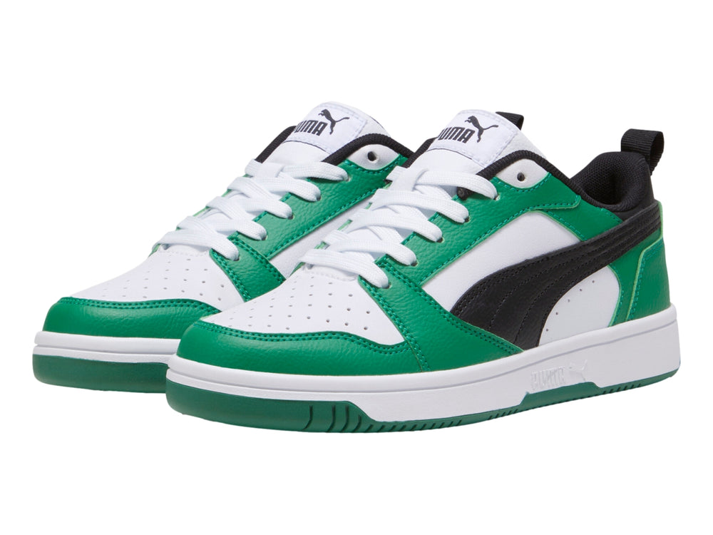 Tenis PUMA Rebound V6 Lo JR en colores blanco, verde y negro para Niño.