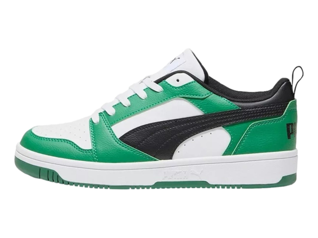 Tenis PUMA Rebound V6 Lo JR en colores blanco, verde y negro para Niño.