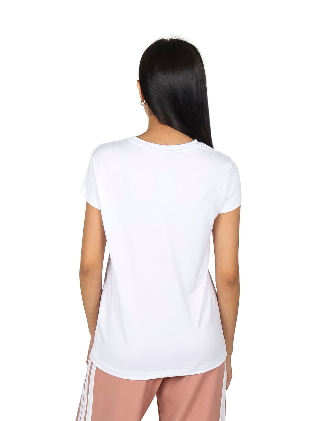 Blusa básica color blanco para mujer con estampado frontal de temática veraniega en tonos rosa y colores vivos.