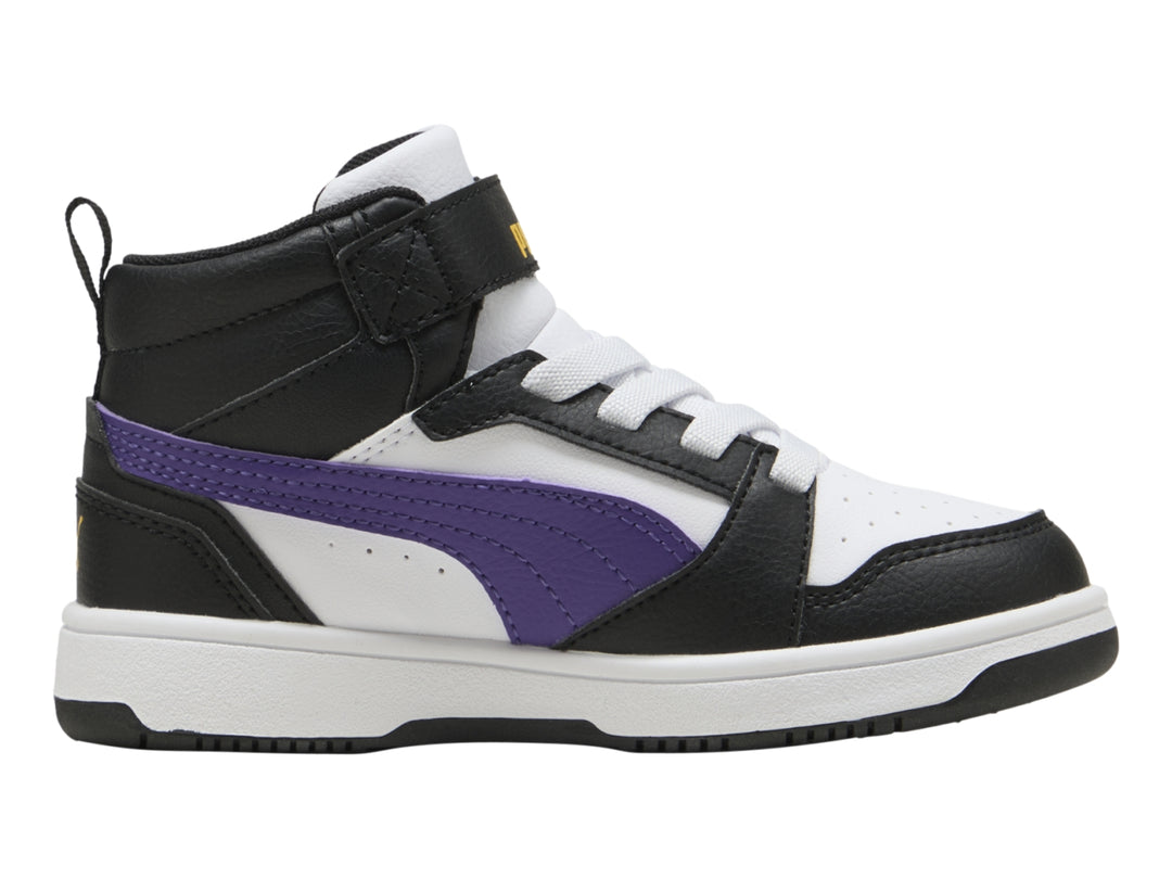 Tenis PUMA Rebound V6 Mid para niños en colores blanco, negro y morado.