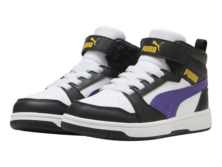 Tenis PUMA Rebound V6 Mid para niños en colores blanco, negro y morado.