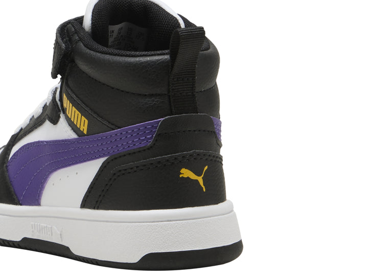 Tenis PUMA Rebound V6 Mid para niños en colores blanco, negro y morado.