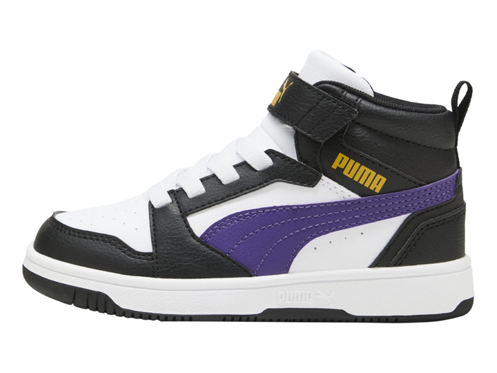 Tenis PUMA Rebound V6 Mid para niños en colores blanco, negro y morado.