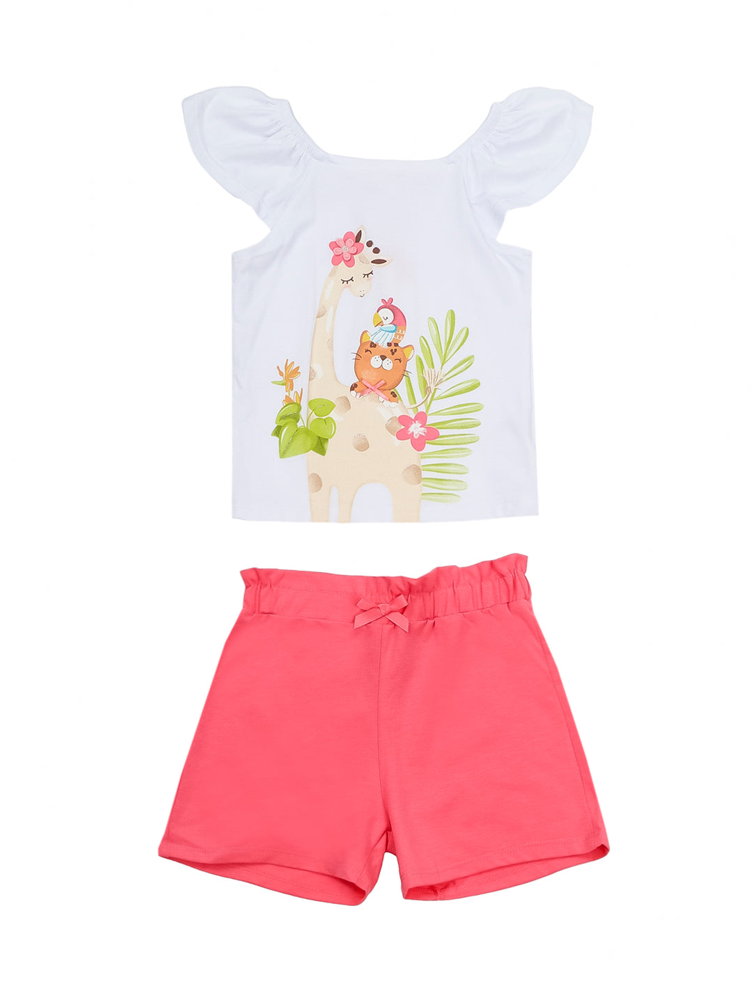 Conjunto para niña con camiseta blanca estampada de jirafa y short rosa.