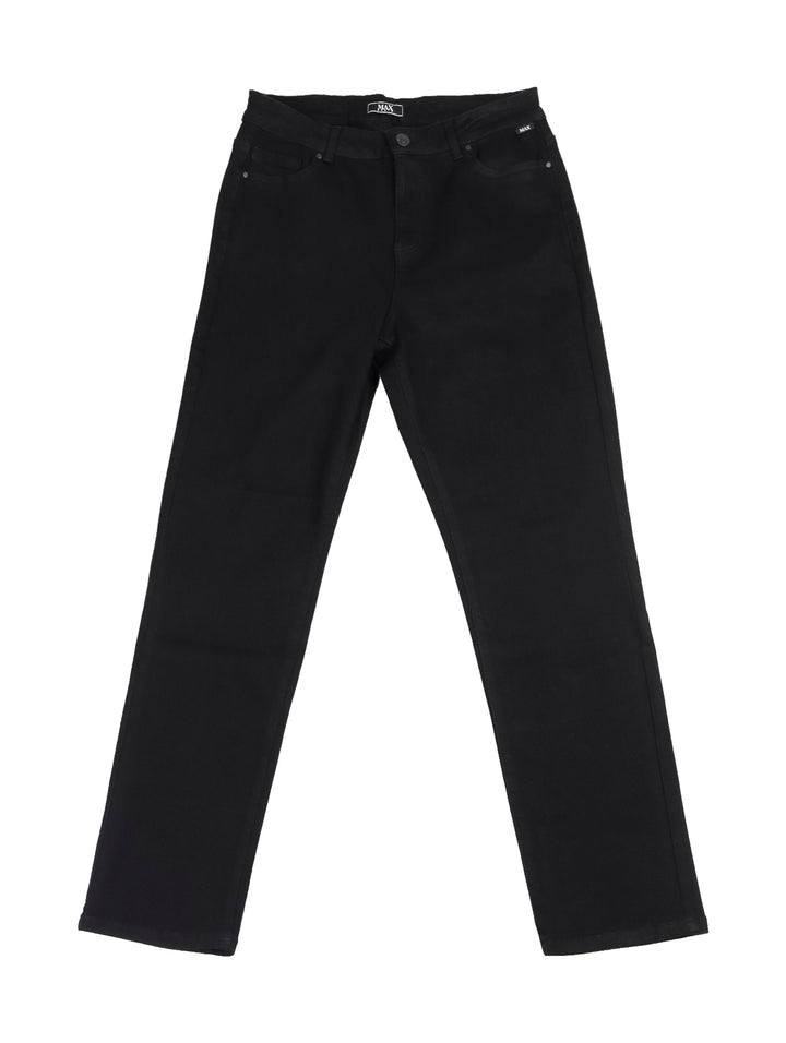 Pantalones negros de corte recto estilo straight fit para mujer.