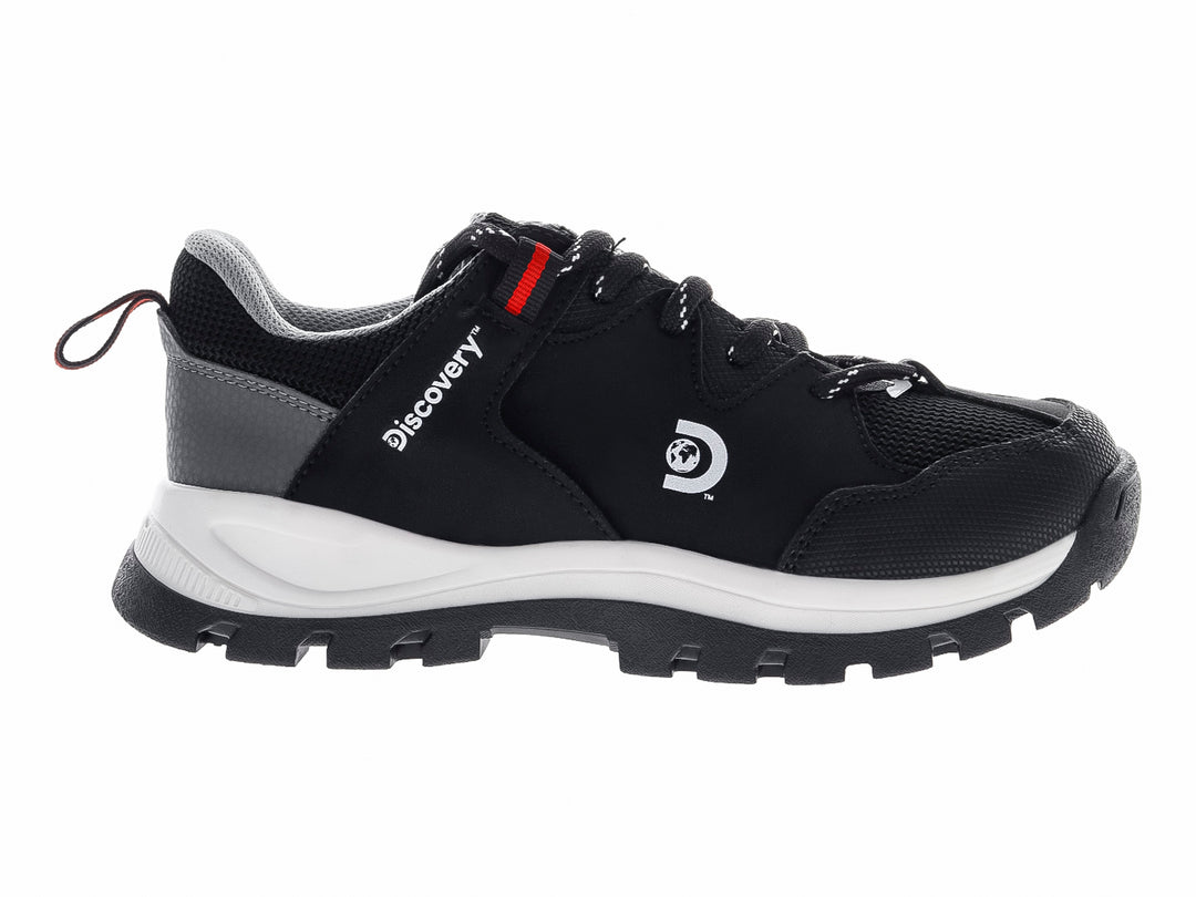 Botas infantiles Discovery color negro con suela blanca y detalles en gris, estilo deportivo y resistente.